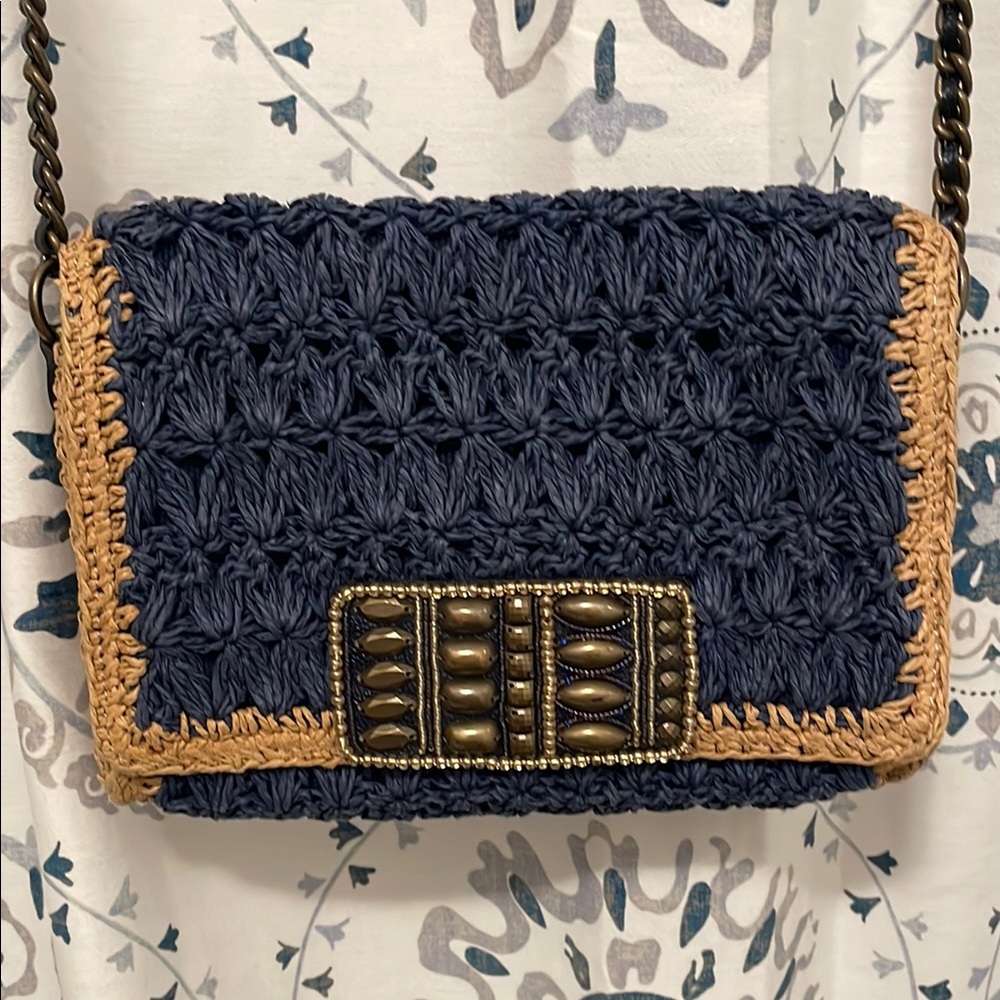 Brighton Larissa Straw Crossbody Bag - Blue & Tan